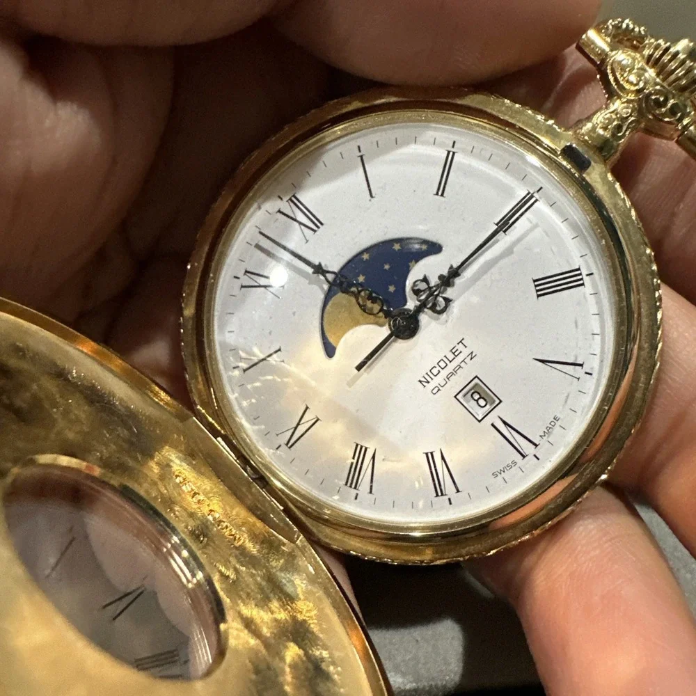 Repair New‎ Vintage Nicolet Moonphase Pocket watch Swiss Quartz in box Repair
